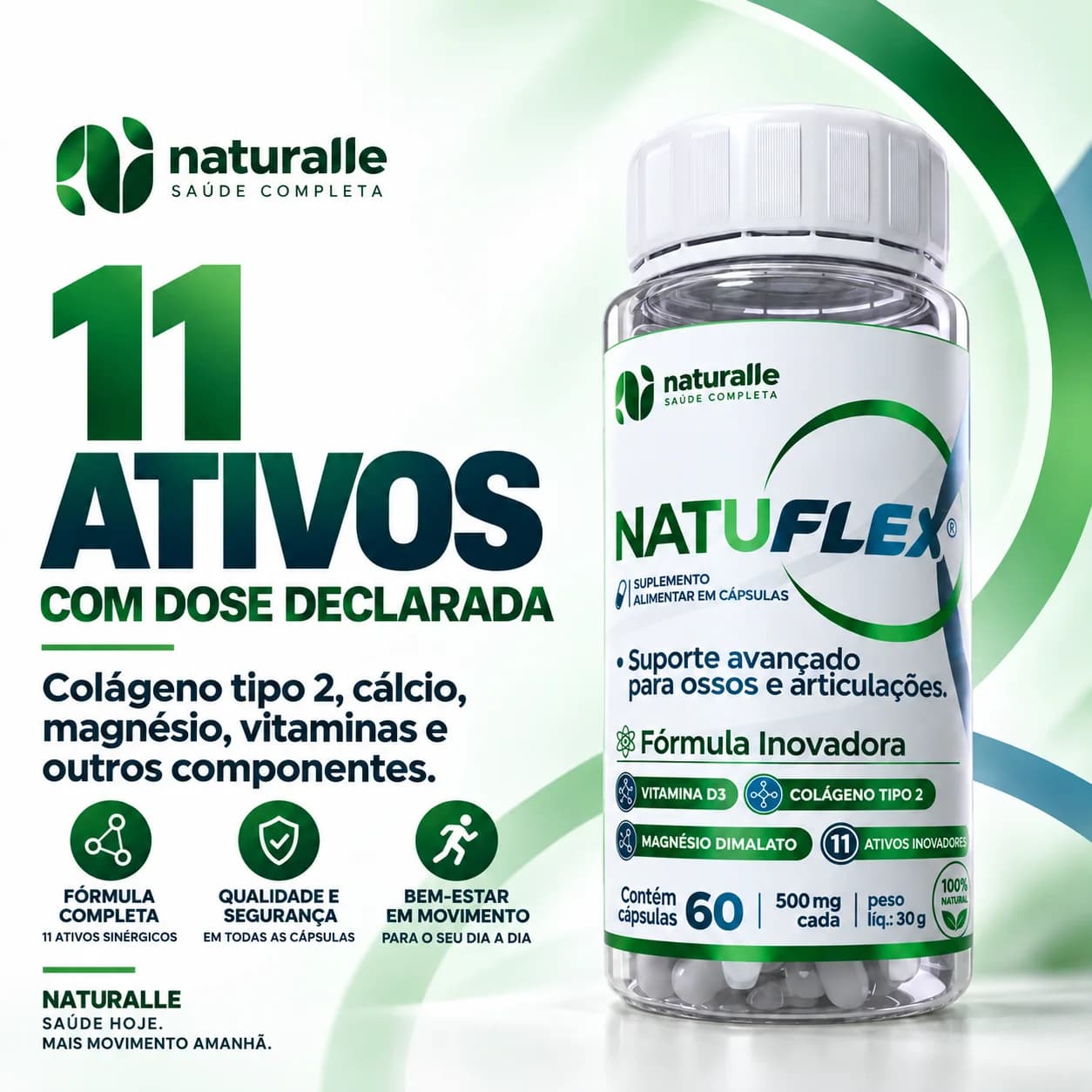 Cálcio, vitamina D3, vitamina K2 e colágeno tipo 2 na mesma fórmula